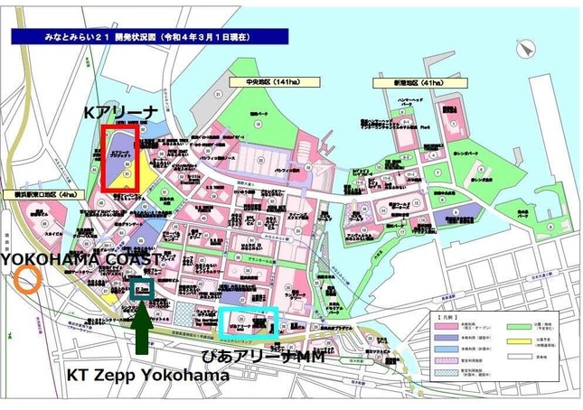 みなとみらい地区におけるライブ施設の分布（横浜市都市整備局HPより）