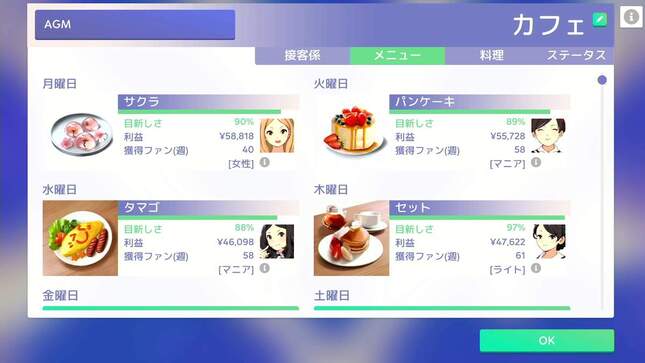ゲーム「アイドルマネージャー」のプレイ画面