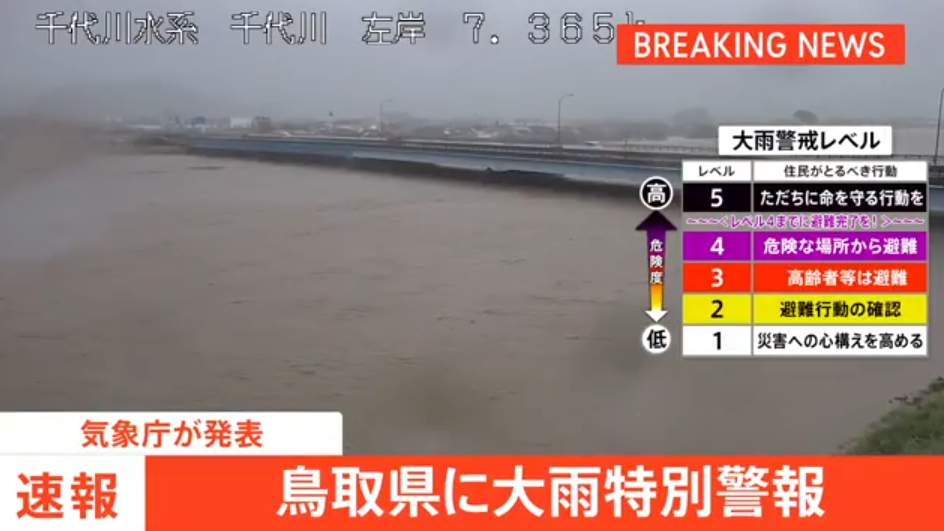 【速報】鳥取県に大雨特別警報　ただちに命を守るため最善の行動を＜警戒レベル5相当＞